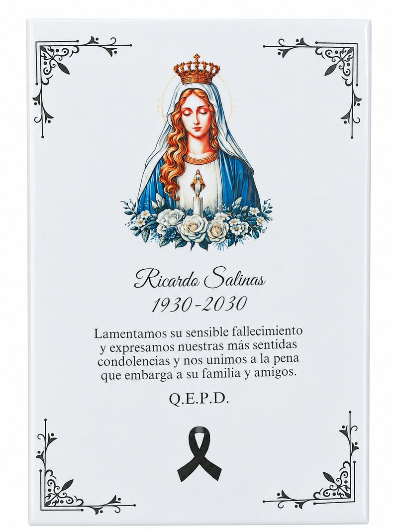 Ejemplo de fotocerámica rectangular personalizada con nombre, fechas y dedicatoria